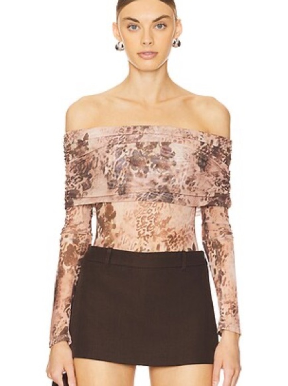 Revolve MORE TO COME Isela Off Shoulder Bodysuit in Leopard Floral NWT Small